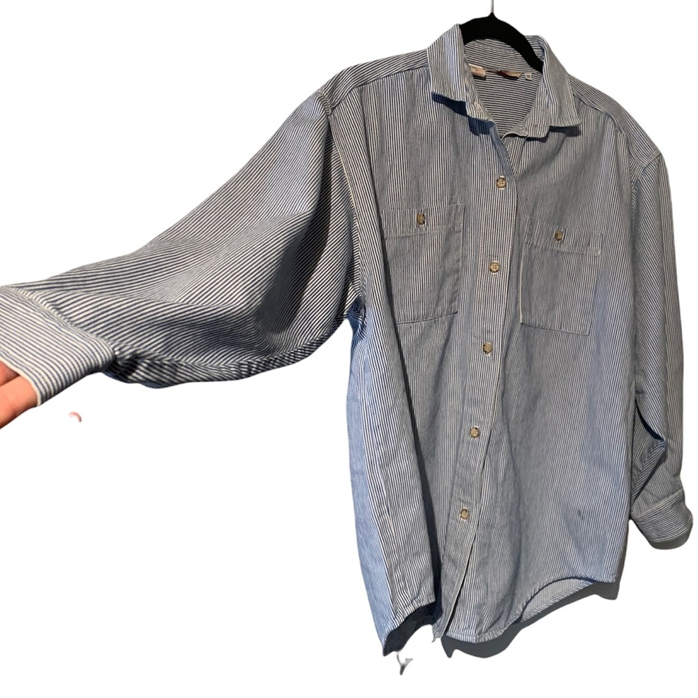 Vintage Gotcha Covered Railroad pinstripe rounded hem button up size Medium rare - Picture 2 of 10
